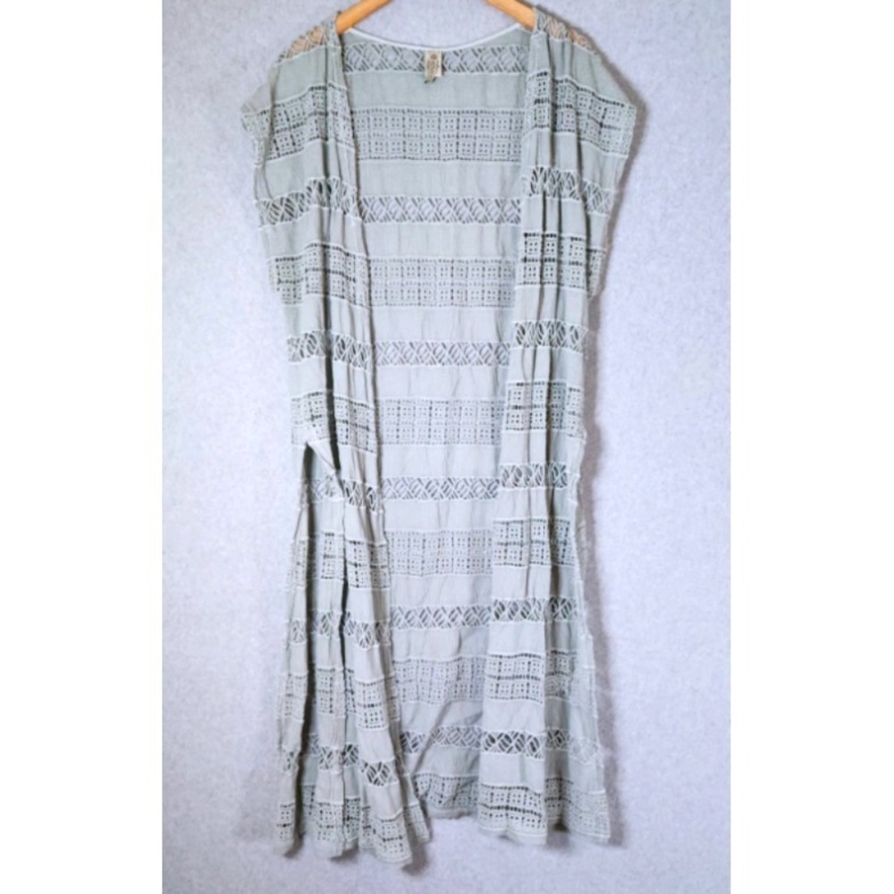 XCVI Crochet Lace Duster Cardigan Sweater Women's Large Sage Green Sleeveless